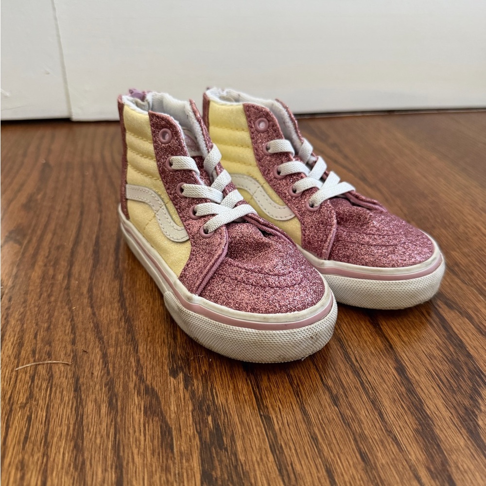 Vans Kids High-Top Glitter Sneakers in Pink and Yellow